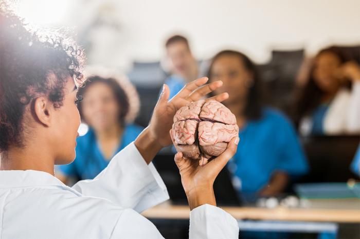 a woman holding a demo of brain